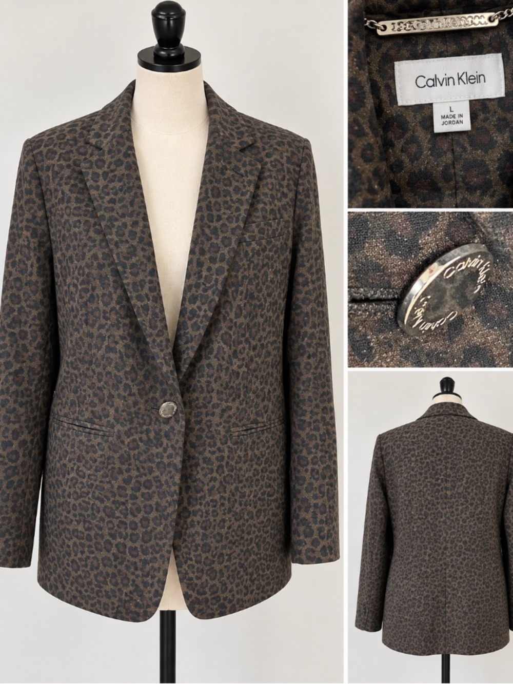 Calvin Klein Leopard-Print Single-Button Blazer in Brown and Black